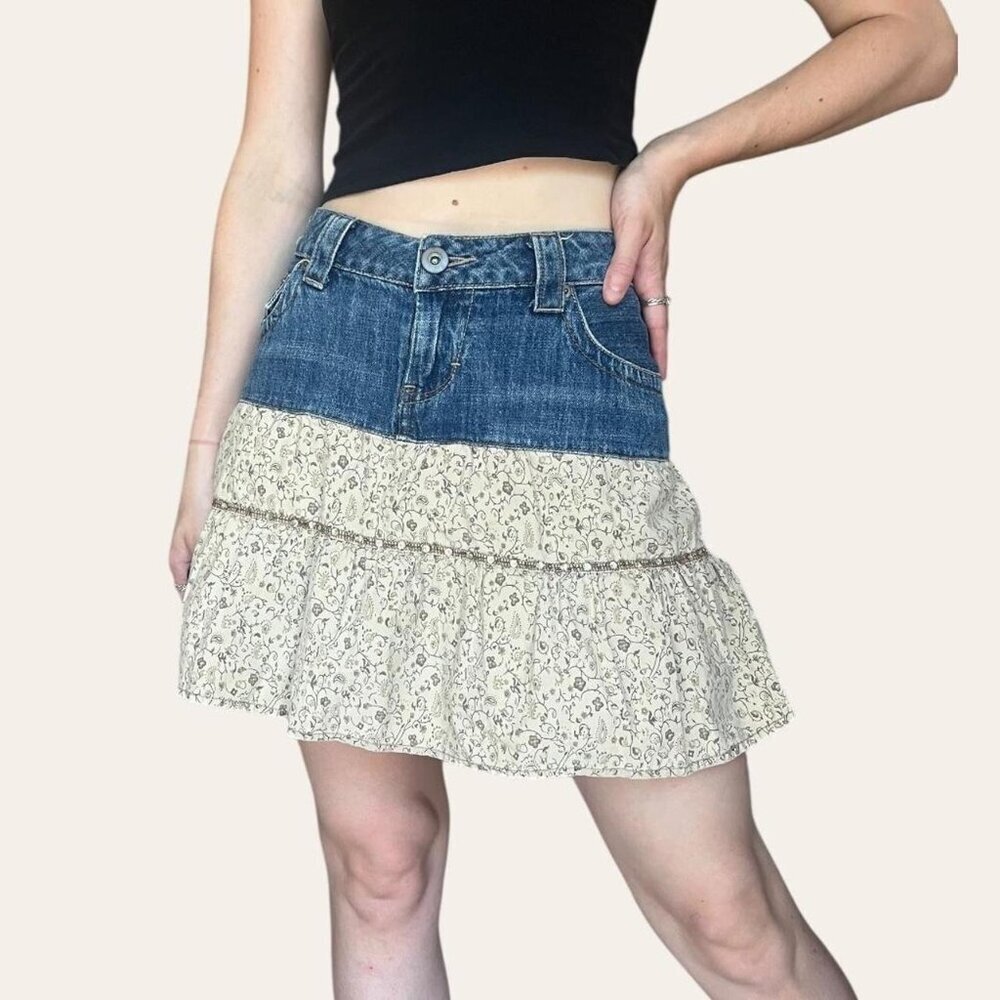y2k vintage denim ruffled two toned western boho cowgirl mini skirt